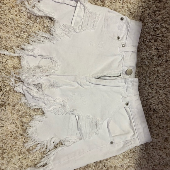 White Distressed Fringe Denim Shorts - Picture 1 of 4